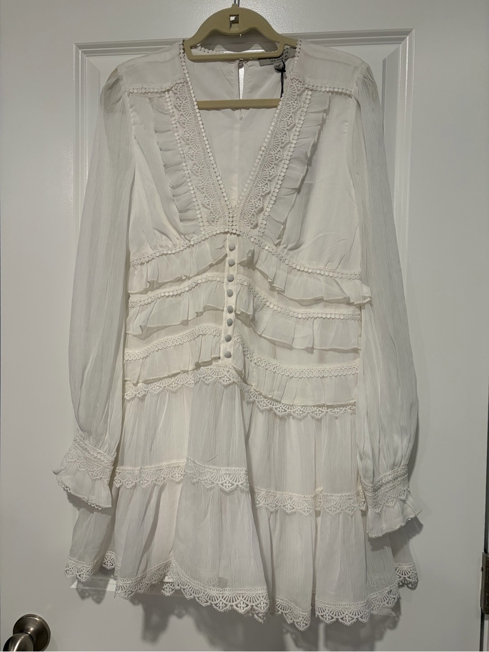All Saints White Long-Sleeve Ruffle Lace V-Neck Dress